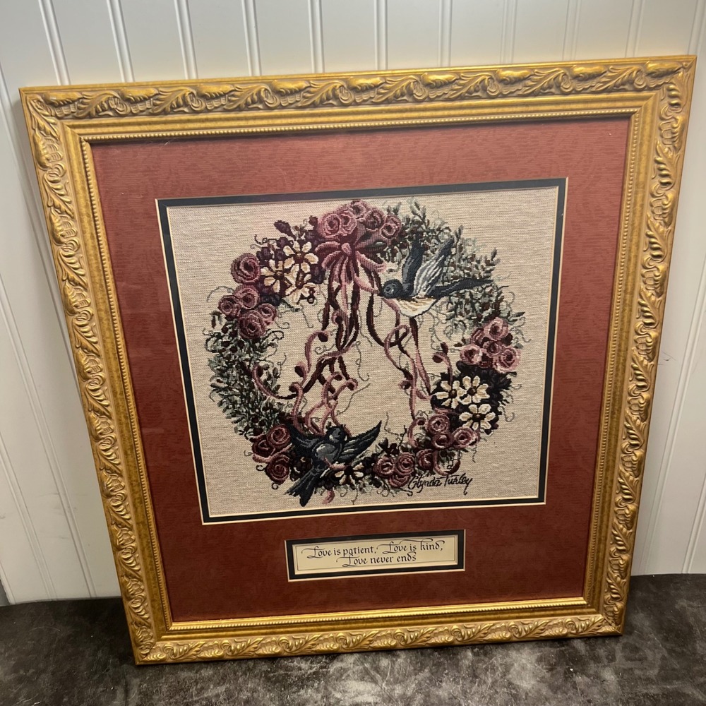 Vintage Framed Cross Stitch Artwork | Scripture | Love is Patient | Cottage